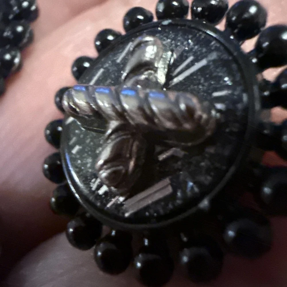 Vintage Incredible Rare GlassPainted Shank Buttons-Heart,Bow&Cross-Black/Silver